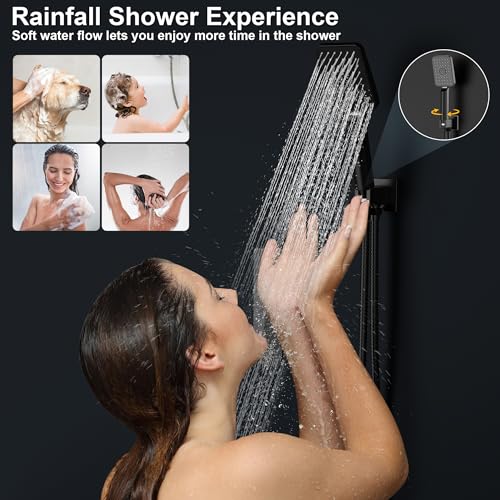 Rain Shower System 10IN Modern Brass Faucet Set With Valve and Diverter Shower Mixer With Handheld High Pressure Square Rainfall Shower Valve (10'' Wall Mount, Matte Black) - color: Matte Black, style: 10'' Wall Mount