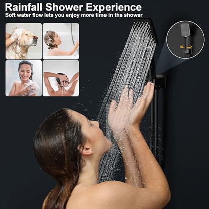 Rain Shower System 10IN Modern Brass Faucet Set With Valve and Diverter Shower Mixer With Handheld High Pressure Square Rainfall Shower Valve (10'' Wall Mount, Matte Black) - color: Matte Black, style: 10'' Wall Mount