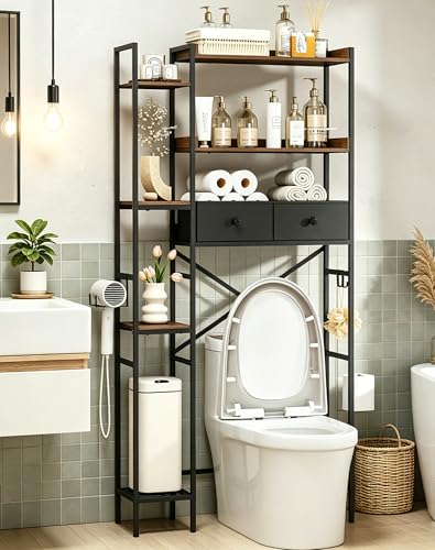 Over The Toilet Storage Rack, 7-Tier Over Toilet Bathroom Organizer with Adjustable Shelf, Above Toilet Storage with Hooks, Space-Saving, Brown Shelf - size: 7 Tier-Brown