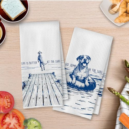 Funny Pitbull Gifts - Summer Lake House Kitchen Decor Set | Pitbull Dog Gifts Waffle Dish Towels, Lake Gifts Hand Towels, Summer Pit Bull Gift Tea Towel, 16×24 Inches Set of 2 - color: Pitbull