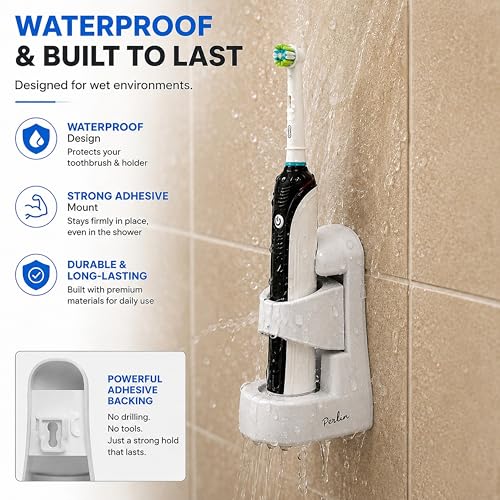 Perlin Electric Toothbrush Holder Wall Mount No Drilling Self Adhesive Toothbrush Organizer Charging Base Stand Waterproof Space Saving Bathroom Storage White