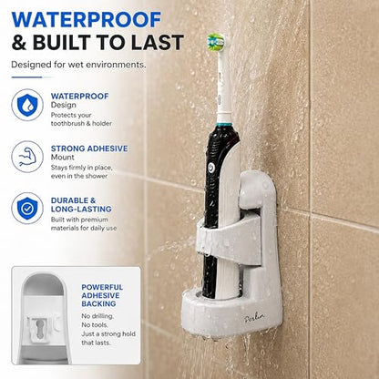 Perlin Electric Toothbrush Holder Wall Mount No Drilling Self Adhesive Toothbrush Organizer Charging Base Stand Waterproof Space Saving Bathroom Storage White
