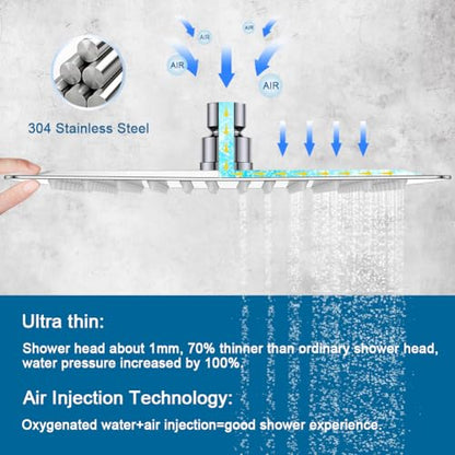 12 Inch Shower Head with Adjustable Extension Arm, Stainless Steel Rainfall Showerhead with Shower Arm Extender, Waterfall fixed Showerheads, Chrome