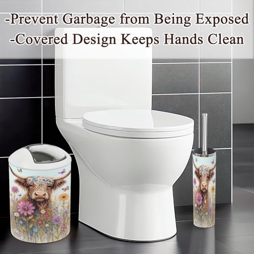6 Piece Bathroom Accessories Set Highland Cow Rustic Farmhouse Animal Nature Flower Landscape Abstract Trash can Toilet Brush Holder Toothbrush Holder Toothbrush Cup Soap Dispenser Soap Dish Boho
