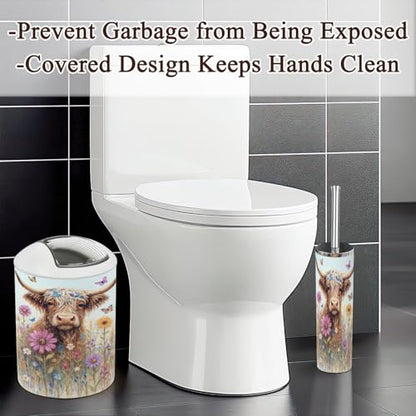 6 Piece Bathroom Accessories Set Highland Cow Rustic Farmhouse Animal Nature Flower Landscape Abstract Trash can Toilet Brush Holder Toothbrush Holder Toothbrush Cup Soap Dispenser Soap Dish Boho