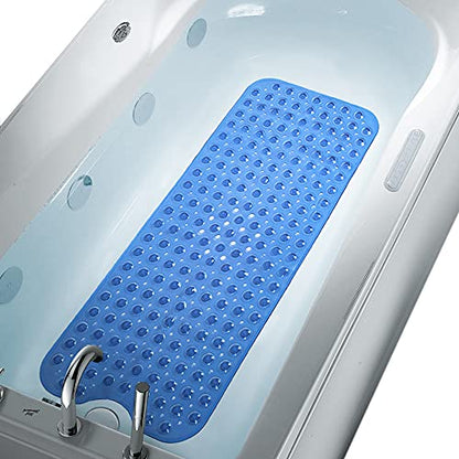 Anti Slip Extra Long Bathtub and Shower mat 39" x 16", Wet Floor Non-Slip for Elderly & Kids Bathroom, 30% Longer Bathtub Mats, 200 Suction Cups, Drain Holes, Machine Wash (Pure Blue) - color: Pure Blue