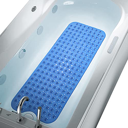 Anti Slip Extra Long Bathtub and Shower mat 39" x 16", Wet Floor Non-Slip for Elderly & Kids Bathroom, 30% Longer Bathtub Mats, 200 Suction Cups, Drain Holes, Machine Wash (Pure Blue) - color: Pure Blue