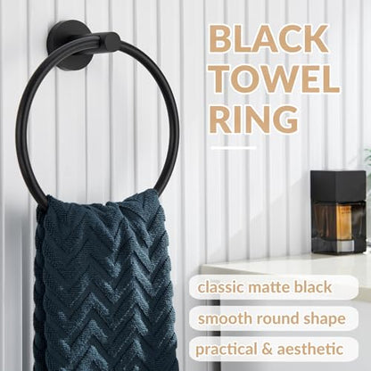Matte Black Towel Ring Wall Mounted, Hand Towel Holder for Bathroom, Solid Stainless Steel Round Wall Hanger - color: Matte Black, size: Standard Size