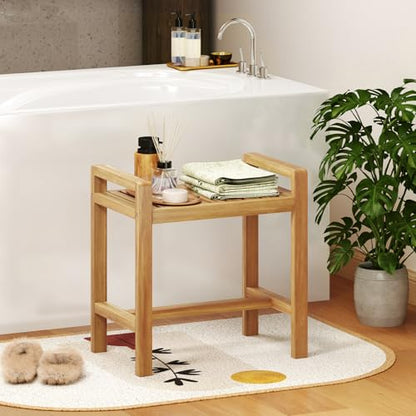Giantex Teak Wood Shower Bench - 20" Waterproof Shower Stool with Handles and Slatted Seat for Inside Shower, Shaving Legs, Bath Tub Shower Seat, Bathroom Stool for Elderly Seniors