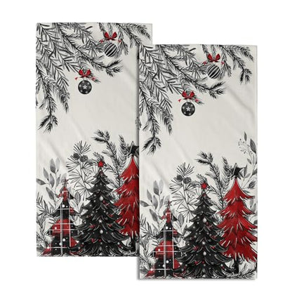 Christmas Tree Hand Towels Set of 2, 28x14 Inch Rustic Red Black Plaid Xmas Pine Forest Bells Absorbent Quick Drying Washcloths Tea Towel for Kitchen Bathroom Household Supplies - color: Plaid Xmas Tree