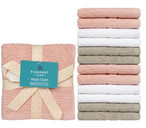 PH Pleasant Home Diagonal Wash Cloths Set - 12 Pack (12” x 12”) – 509 GSM - 100% Ring Spun Cotton Wash Cloth - Super Soft and Highly Absorbent Face Towels (Blush,White & Tan) - color: Blush, White & Tan, style: Diagonal