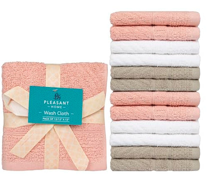 PH Pleasant Home Diagonal Wash Cloths Set - 12 Pack (12” x 12”) – 509 GSM - 100% Ring Spun Cotton Wash Cloth - Super Soft and Highly Absorbent Face Towels (Blush,White & Tan) - color: Blush, White & Tan, style: Diagonal