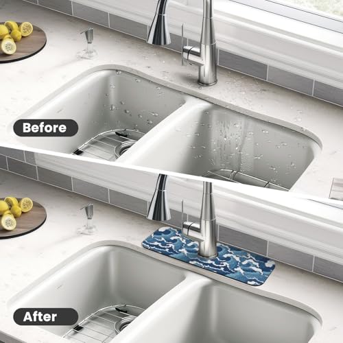 Japanese Wave Kanagawa Blue And White Waves Japan Kitchen Sink Splash Guard Faucet Mat Super Absorbent Fast Drying Mat Sink Gadgets-Fast Drying Pad Sink Mat For Kitchen Bathroom (15" X 5.5" ) - color: Japanese Wave