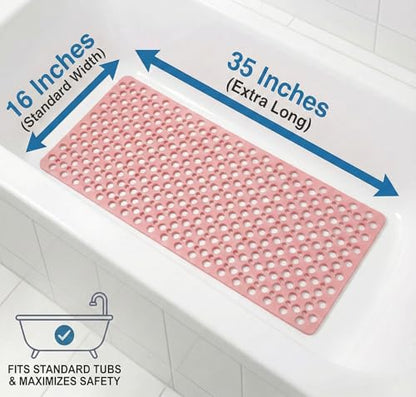 Nonslip Bathtub Mat Extra Soft TPE Bath Mat for Kids, Machine Washable Bathroom Shower Mat, Smooth/Non-Textured Tubs Only, 35L x 16W Inch (Pink) - color: Pink, size: 35" x 16" (Rectangular)