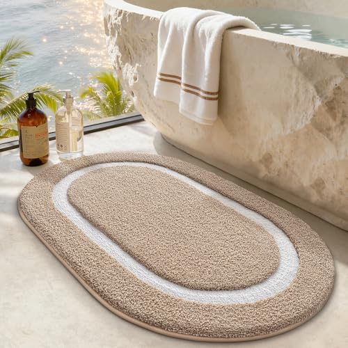 LUMI Oval Bathroom Rug, Absorbent Non Slip Bath Mat, Khaki, 20"x32" | Luxury Oval Shape, Soft Microfiber with Non Slip Backing, Quick Dry, Machine washable for Bathtub, Shower, Sink, Laundry - color: Classic Khaki, size: 20"x32"