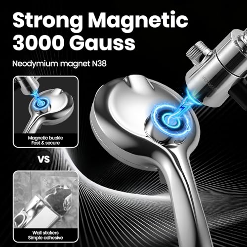 8 Inch High Pressure Rain Detachable Filtered Shower Head with Handheld Combo - 10 Spray Modes, Magnetic Docking, Power Jets, 11" Extension Arm & 60" Hose for Strong Water Flow