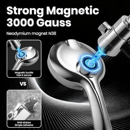 8 Inch High Pressure Rain Detachable Filtered Shower Head with Handheld Combo - 10 Spray Modes, Magnetic Docking, Power Jets, 11" Extension Arm & 60" Hose for Strong Water Flow