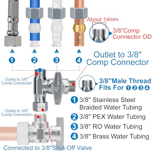 3/8" Compression Tee, 3/8 water line splitter for Dishwasher, Refrigerators | Brass Angle Stop Add-A-Tee Valve,Under Sink T Water Line Connector with Shut-Off for Second Faucet,3/8" x 3/8" x 3/8" or 1/4" - size: 3/8"x3/8"x3/8" or 1/4"