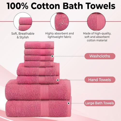 QUBA LINEN Pack of 8 Towels Set, 2 Large Bath Towels, 2 Hand Towels, 4 Wash Cloths, 100% Cotton, Lighter Weight, Quicker to Dry, Super Absorbent, Perfect for Bathroom (Pink) - color: Pink