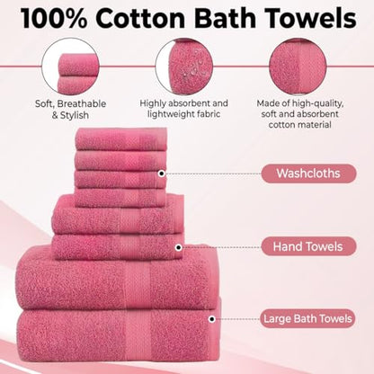 QUBA LINEN Pack of 8 Towels Set, 2 Large Bath Towels, 2 Hand Towels, 4 Wash Cloths, 100% Cotton, Lighter Weight, Quicker to Dry, Super Absorbent, Perfect for Bathroom (Pink) - color: Pink