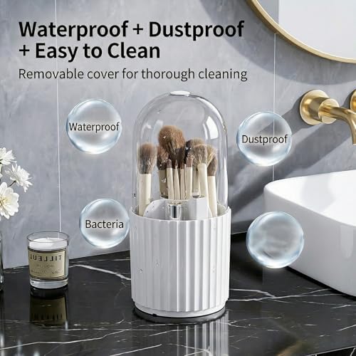 Toothbrush Holder with Sliding Lid, Toothbrush Holders for Bathrooms,360° Rotating Makeup Brush Storage Rack - Waterproof and Dustproof, Toothbrush Toothpaste Holder Beauty Brush (Milk White) - color: Milk White