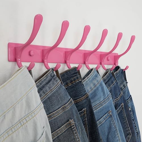 SKOLOO Coat Rack Wall Mounted - 6 Hooks, Heavy Duty, Stainless Steel, Metal Wall Hangers, Sturdy Coat Hooks for Hanging Coats, Jacket, Clothes, Hat, Pink - color: Pink, size: 6 Hook(1 Pack)