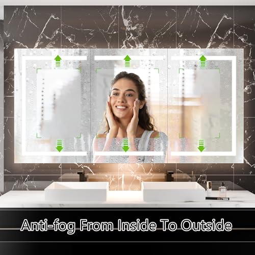 Luxury 66" Wall-Mounted LED Bathroom Medicine Cabinet, Outlets, Anti-Fog | Surface-Mount/Recessed, Double-Sided Mirror Cabinet, 3 Color Temp, DTC Silent-Close Hinges, Adjustable Tempered Glass Shelfs - size: 66"W x 36"H