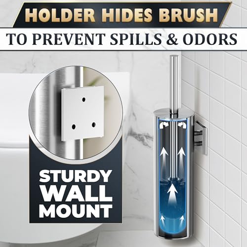 Wall Mounted Toilet Brush and Holder Set, Stainless Steel (Silver) | Stainless Steel Toilet Brush and Holder Set, Removable Inner Bowl, Dense Bristles, Rustproof, for Modern Bathroom Walls - color: Silver Wall-mounted
