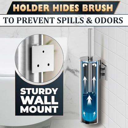 Wall Mounted Toilet Brush and Holder Set, Stainless Steel (Silver) | Stainless Steel Toilet Brush and Holder Set, Removable Inner Bowl, Dense Bristles, Rustproof, for Modern Bathroom Walls - color: Silver Wall-mounted