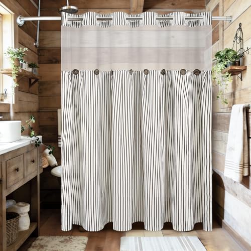 ASPMIZ Farmhouse Striped Shower Curtain and Liner Set No Hook, Brown 71x74 | No Hook Shower Curtain with Snap in Liner Fabric, Rustic Washable Waterproof Bathroom Curtains with Button, Mesh Top Window - color: Brown Striped, size: 71"W x 74"L (Pack of 1),