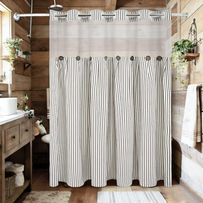 ASPMIZ Farmhouse Striped Shower Curtain and Liner Set No Hook, Brown 71x74 | No Hook Shower Curtain with Snap in Liner Fabric, Rustic Washable Waterproof Bathroom Curtains with Button, Mesh Top Window - color: Brown Striped, size: 71"W x 74"L (Pack of 1),