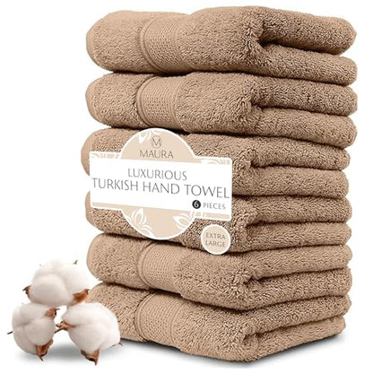 MAURA Biege Hand Towels for Bathroom. Luxury Turkish Cotton Bath Hand Towels Set of 6. Ultra-Soft, Thick & Plush - Brown - color: Classic Brown, size: Hand Towel (6-Pack)