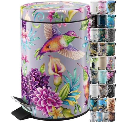 Sanilo Small Bathroom Trash Can with Lid [1.3 Gallon] - Lidded Tiny Trashcan for Garbage - Mini Metal Bin with Soft Closing Mechanism - Bath Room Accessoire Wastebin with Inner Bucket (Hummingbird) - color: Hummingbird