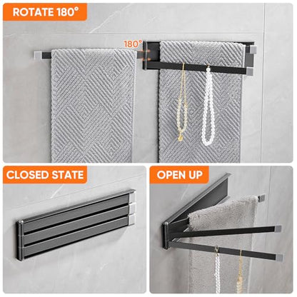 Swivel Towel Rack Thicken Metal 3-Arm Towel Bar Space Saving Wall Mounted Towel Holder with Rustproof Swing Out Towel Hanger for Bathroom Kitchen Matte Black - color: Matte Black-9.4 Inch