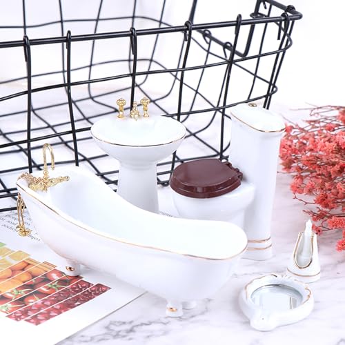 1:12 Dollhouse Miniature Porcelain Bathroom Set 5 PCS White Ceramic Toilet Basin Bathtub Mirror Miniature Furniture Doll Accessories for Bathroom Cake Topper Toy Fairy House Furniture Miniature Toys