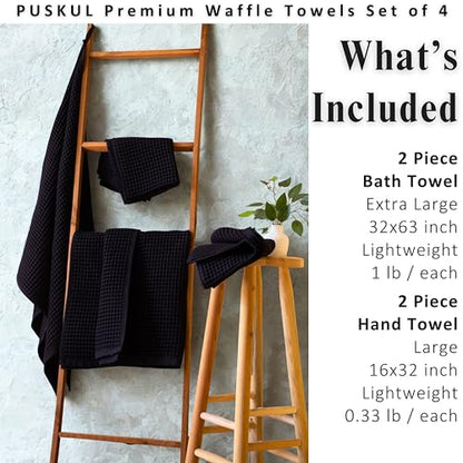 PÜSKÜL Natural 100% Turkish Cotton Waffle Towels Set of 4-Piece, Black | 2-Bath sheet (Extra-large 32x63") and 2-Hand towel (Large 32x16"). Premium honeycomb-waffle weave, oeko-tex made in Turkiye. - color: Black