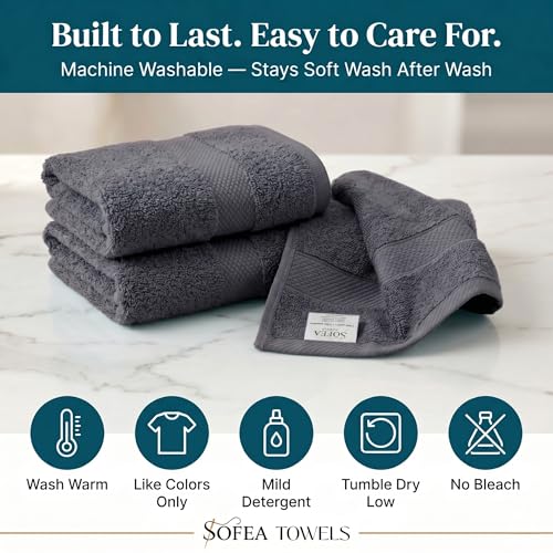 Sofea Hand Towels 6 Pack (16 x 28 Inches) 100% Cotton Bathroom Towels, Soft Absorbent Quick Dry Hand Towels for Bathroom Kitchen - color: Dark Grey