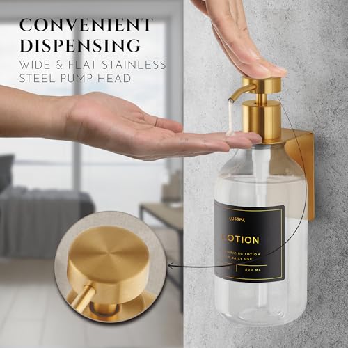 Shower Shampoo Dispenser Wall Mounted – Refillable 16.9 oz Clear Bottle with Stainless Steel Pump & No-Drill Adhesive Holder – Soap Dispenser for Bathroom (1 X Clear/Gold) - color: 1 X Clear/Gold