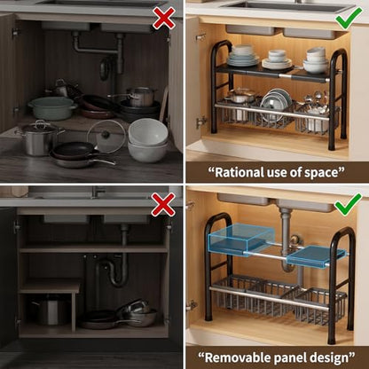 Under Sink Organizers and Storage, 2 Tier 20.9"-34.6" Expandable Length with 3 Removable Baskets and 3 Removable Panels Expandable Shelf for Cupboard,Kitchen,Bathroom, Black