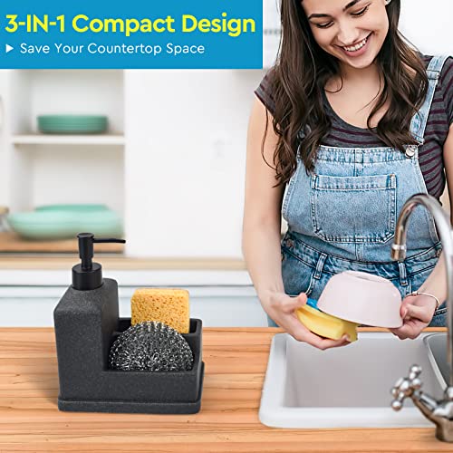 Dish Soap Dispenser with Sponge Holder,Liquid Hand and Dish Soap Dispenser and Spong Caddy with Brush Holder 3 in 1 Countertop Organizer for Kitchen Sink and Bathroom,Black - color: Black