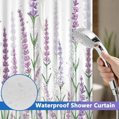 Lavender Shower Curtains for Bathroom, No Hook Floral Shower Curtain with Snap in Liner and Sheer Top Window, 71x74 Inches Shower Curtains Set, Farmhouse Waterproof Shower Curtains with Weighted Hem - color: Lavender