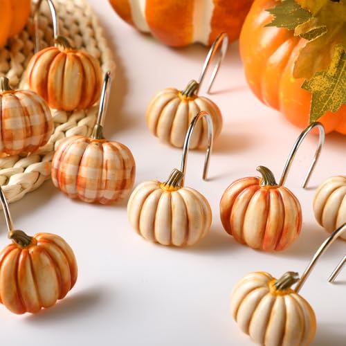 Colingmill Set of 12 Pumpkin Shower Curtain Hooks for Fall Bathroom Decor, Metal Rustproof Farmhouse Plaid Autumn Pumpkin Decorative Shower Curtain Hooks Rings for Thanksgiving Bathroom Decor - style: Pumpkin