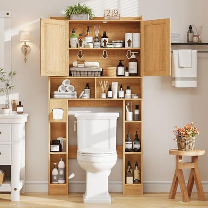 Vabches Farmhouse Style Rattan Over-The-Toilet Storage Cabinet with 2 Rattan Doors, Toilet Paper Holder - Space-Saving Oak Bathroom Organizer. - color: Rattan Oak