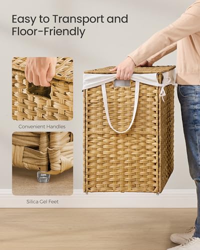 SONGMICS Laundry Hamper with Lid, 29 Gal (110 L) Synthetic Rattan,Foldable | Clothes Laundry Basket with Handles, Removable Liner, Goose Yellow, ELIOTT Collection ULCB152Y01 - color: Goose Yellow, size: 110 L