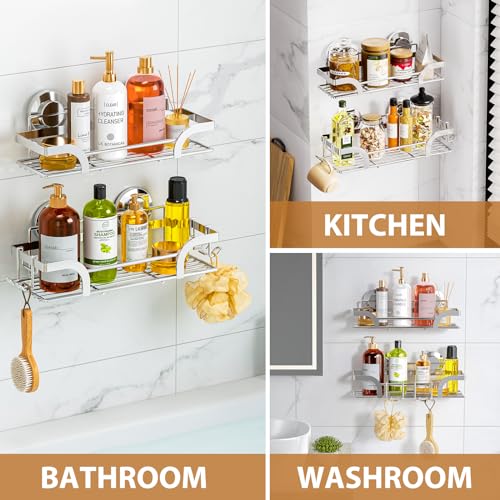 Shower Caddy Suction Cup 2 Pack, Shower Shelf for Inside, Silver | Heavy Duty Bathroom Organizers, No Drill Shower Storage, Rustproof Metal Shower Basket, Shampoo Holder, Wall Shower Caddies - color: 2 X Silver