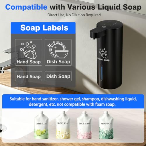 Touchless Automatic Liquid Soap Dispenser, Stainless Steel, Rechargeable | 4 Levels Adjustable, No Clog,13.5oz Capacity,IPX5 Waterproof, Wall Mount, For Hand & Dish Soap, Bathroom Kitchen Hotel Use - color: Black