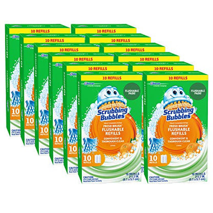 Scrubbing Bubbles Flushable Toilet Bowl Wand Cleaner Refills, Fresh Brush Cleaner Toilet Refill Pads, Removes Limescale & Odors, Citrus Scent, 10 Count (Pack of 12) - size: 10 Count (Pack of 12), style: Refill
