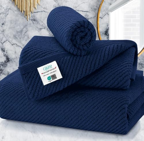 Blue Towels Set for Bathroom, Luxury 3 Piece Gift set, 100% Cotton | Quick Dry | Soft | Thick, 1 Large Bath 30" x 56", 1 Hand 18" x 28", 1 Wash Cloth 13" x 13", Bathroom Essentials, Navy - color: Marine Blue - Dark Navy, size: 3 PC Bathroom Towel Set