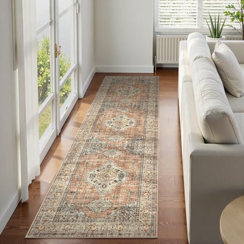 Lahome Oriental Hallway Runner Rug, 2.5x8 Kitchen Runner Non Slip Ultra-Thin, Soft Washable Hallway Rug Distressed Long Carpet for Entryway ‎Laundry Room Bathroom Eleanor, Peach/Orange - color: Terracotta, size: 2.5' x 8' (Runner)