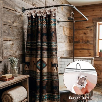 12 Pcs 4 Style Highland Cow Shower Curtain Hooks Rustic Farmhouse Western Decorative Shower Hooks Resin Metal Double Material No-Rust Sliding Curtain Rings for Bathroom Decor for Cow Lovers